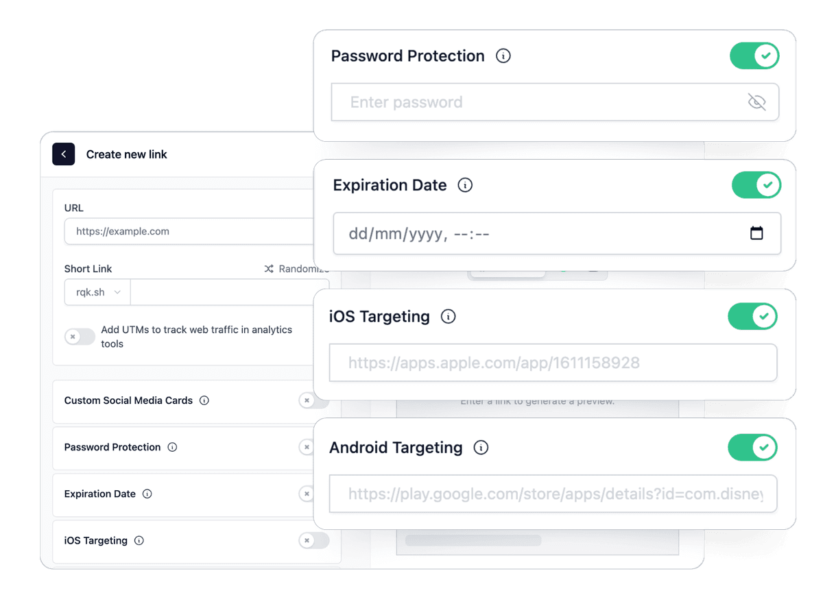 Reqlick agency dashboard showing multi-client link management with branded domains and per-client analytics