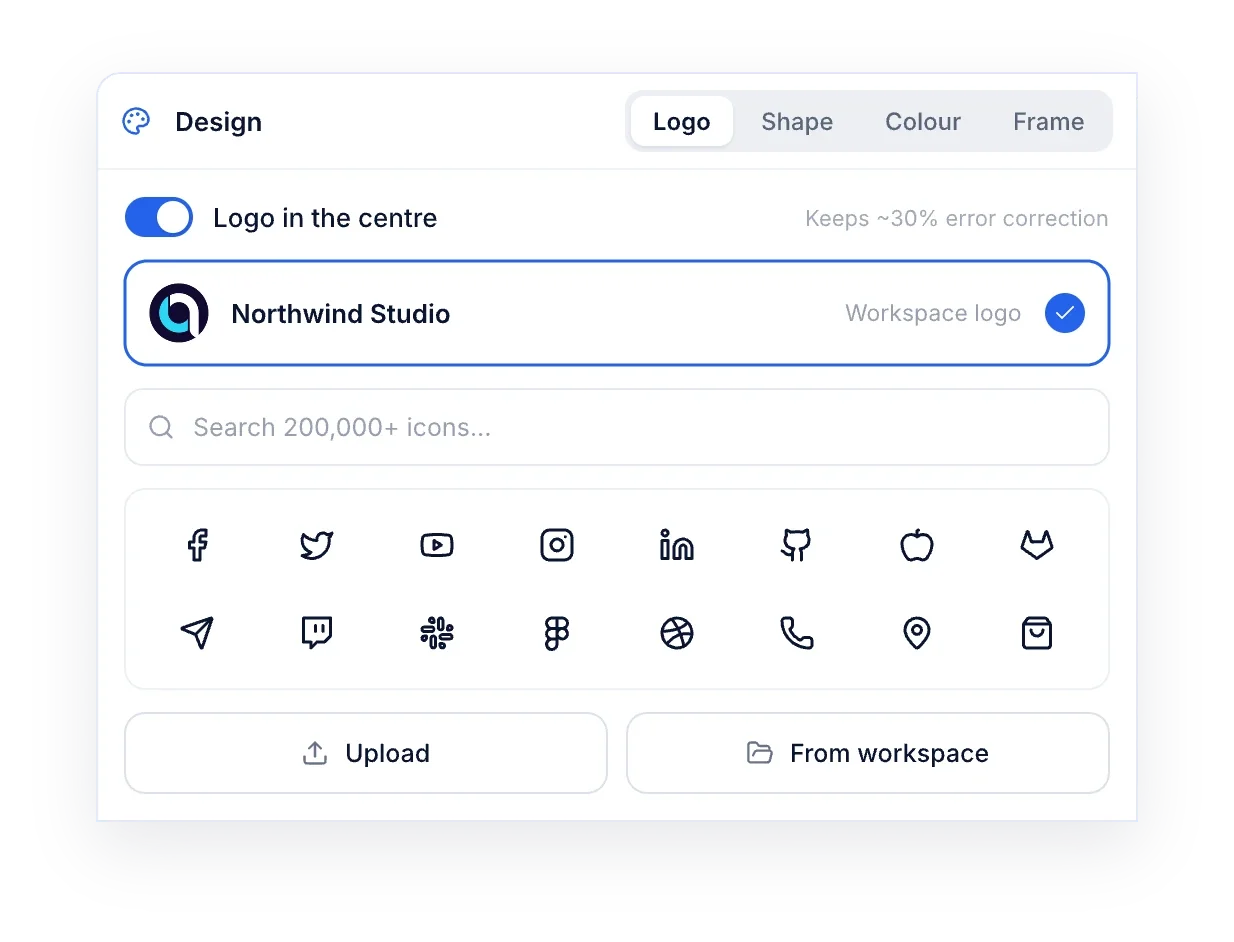 QR logo panel with the workspace logo selected, an icon search field and a grid of brand icons