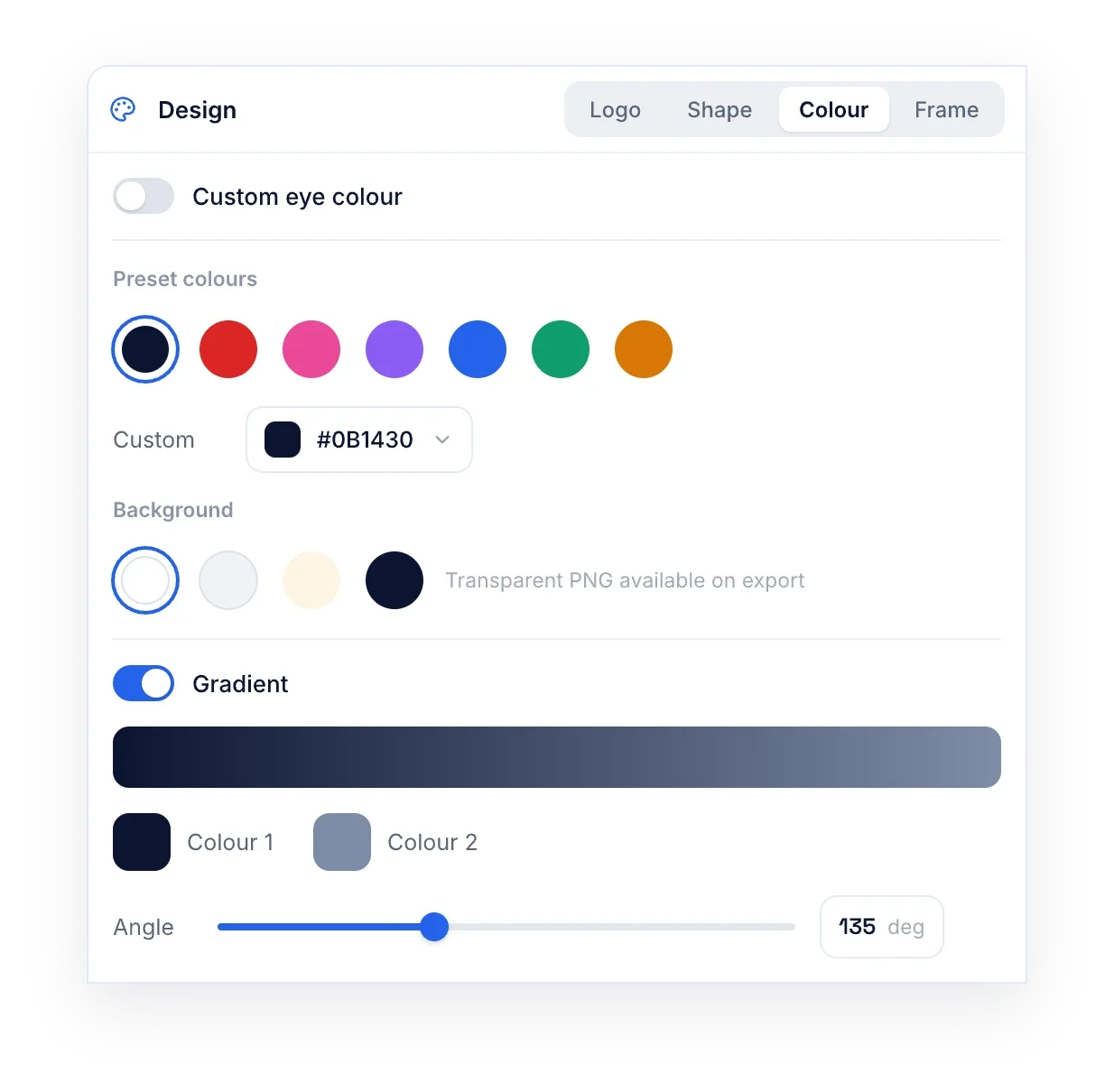 QR code design panel with preset colours, a custom hex colour, background swatches and a gradient toggle
