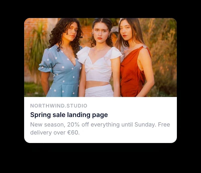 Social card preview for a spring sale landing page with a photo, title and description